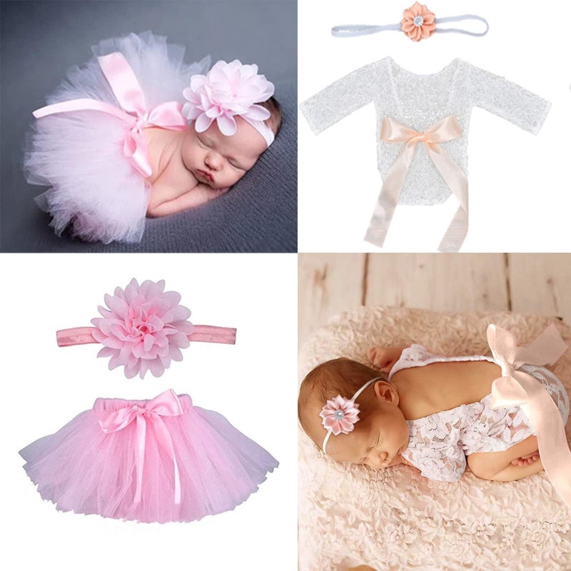 SPOKKI 4 PCS Newborn Photography Props Outfits-BabyTutu Skirt Cute Bow Headdress and Lace Rompers Sets for Infants Girl Boy - Image 5